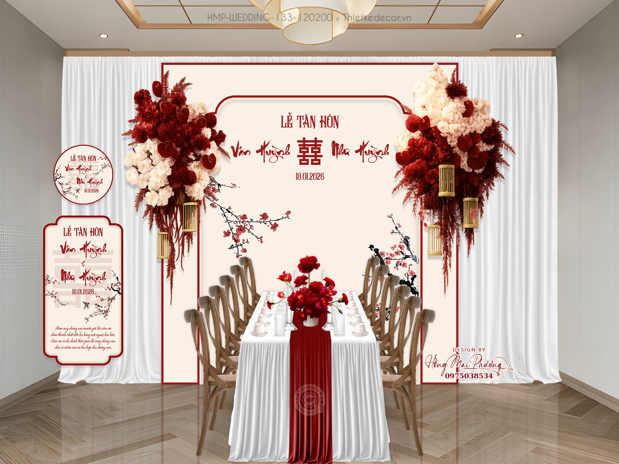 File thiết kế Gia tiên, trang trí tiệc cưới đẹp tone kem họa tiết cành đào đỏ